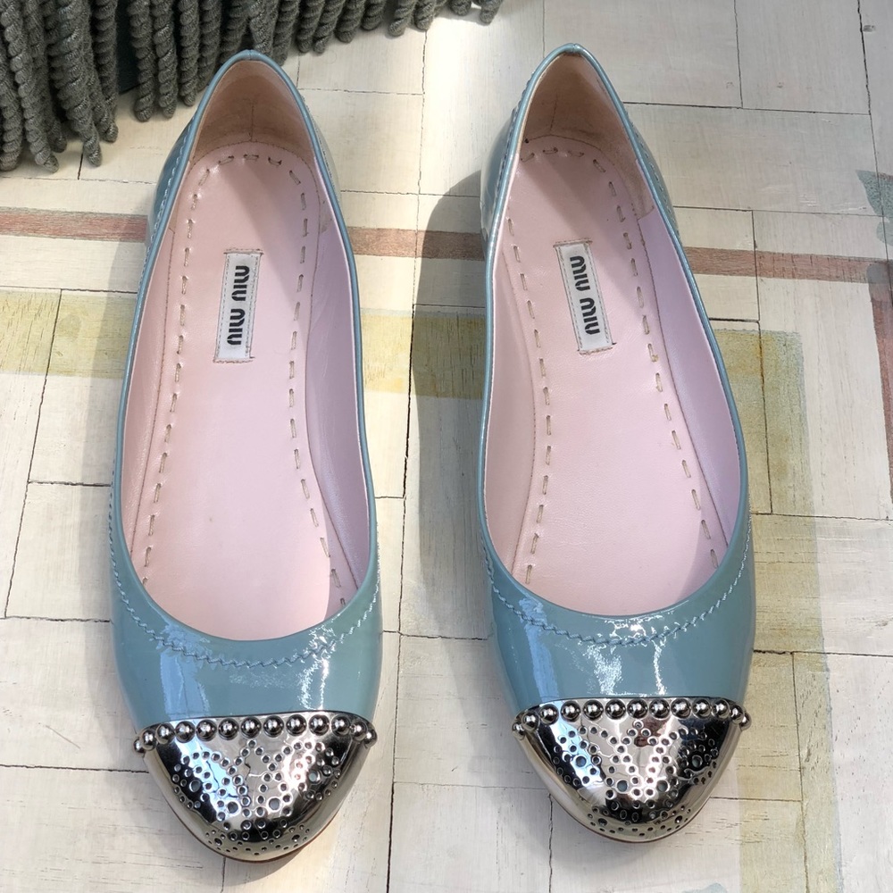 Miu Miu Blue Patent Leather Flats with Silver Toe
